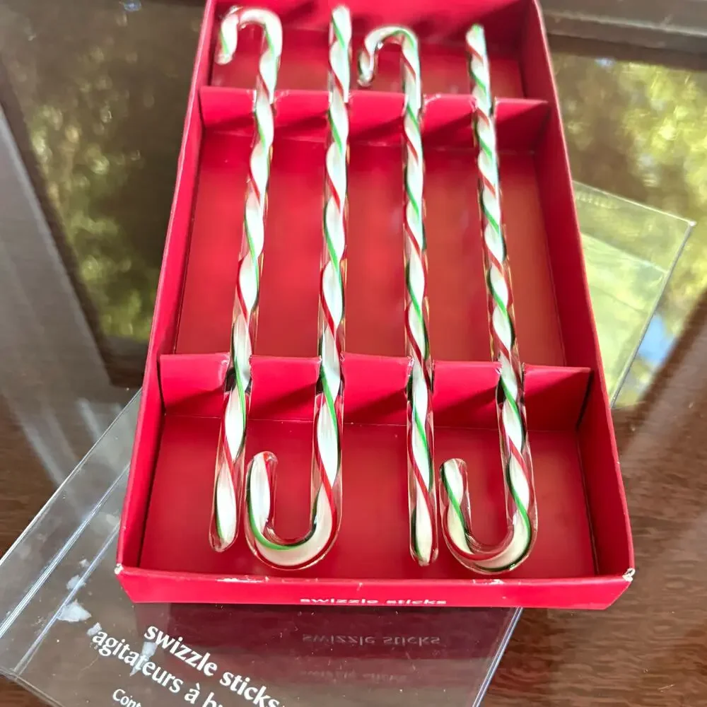 Vintage Pier 1 Glass Candy Cane Swizzle Sticks Set of 4 Christmas Stirrers